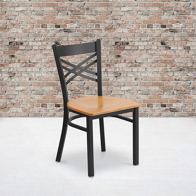 Flash Furniture HERCULES Series Black ''X'' Back Metal Restaurant Chair - Natural Wood Seat - LeafyLoom