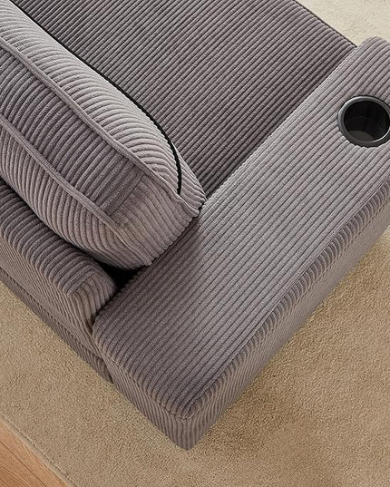 Modern Living Room Upholstered 3 Seater Sofa Couch Deep Seat Soft Corduroy Sofa&Couch with Storage Armrests, 2 Cupholders, Type-C and USB Charging Ports for Home, Apartment, Office - LeafyLoom