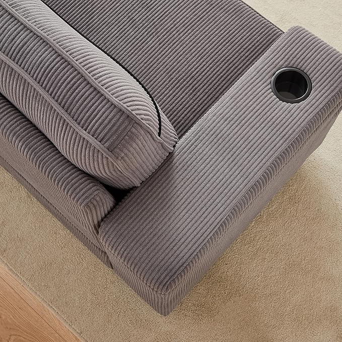 Modern Living Room Upholstered 3 Seater Sofa Couch Deep Seat Soft Corduroy Sofa&Couch with Storage Armrests, 2 Cupholders, Type-C and USB Charging Ports for Home, Apartment, Office - LeafyLoom