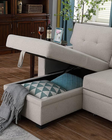 RITSU L-Shaped Sofa with Storage Space Pull Out Sleeper Bed, Linen Corner Couch Tufted Cushion, Removable Back, Suitable for Living Room, Bedroom, Apartment, Dormitory, Beige, 82 inch - LeafyLoom