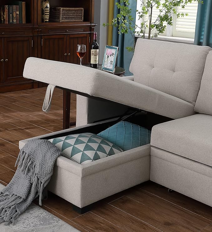 RITSU L-Shaped Sofa with Storage Space Pull Out Sleeper Bed, Linen Corner Couch Tufted Cushion, Removable Back, Suitable for Living Room, Bedroom, Apartment, Dormitory, Beige, 82 inch - LeafyLoom