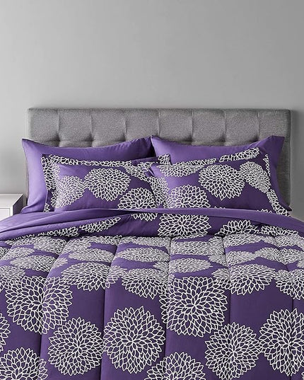 Amazon Basics Lightweight Microfiber Bed-in-a-Bag Comforter 7-Piece Bedding Set, Full/Queen, Purple Floral - LeafyLoom
