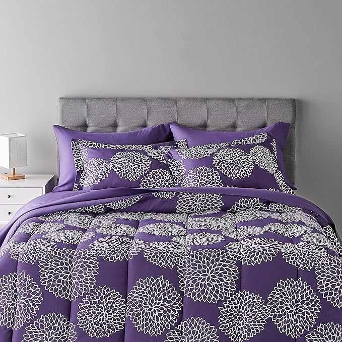 Amazon Basics Lightweight Microfiber Bed-in-a-Bag Comforter 7-Piece Bedding Set, Full/Queen, Purple Floral - LeafyLoom