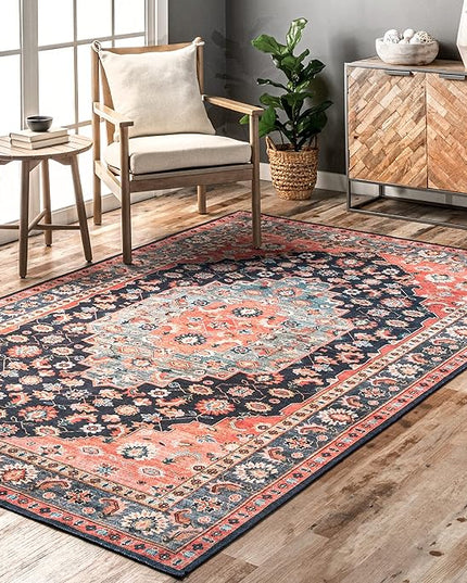 nuLOOM Francis Persian Medallion Machine Washable Ultra Thin Area Rug, 3' x 5', Blue - LeafyLoom