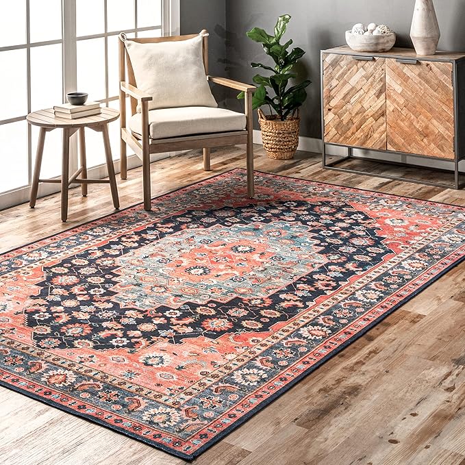 nuLOOM Francis Persian Medallion Machine Washable Ultra Thin Area Rug, 4' x 6', Blue - LeafyLoom