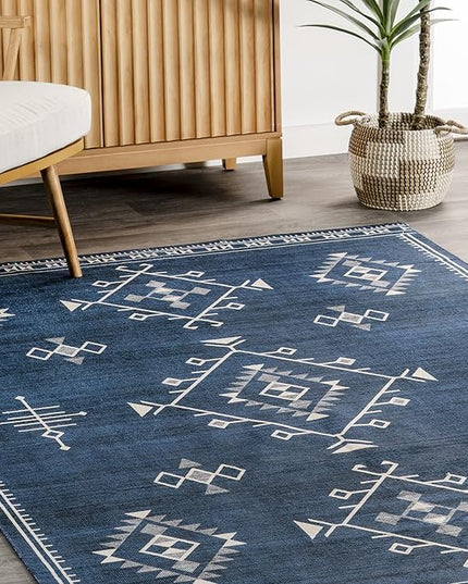 nuLOOM Evalyn Southwestern Machine Washable Ultra Thin Area Rug, 8x10, Navy - LeafyLoom