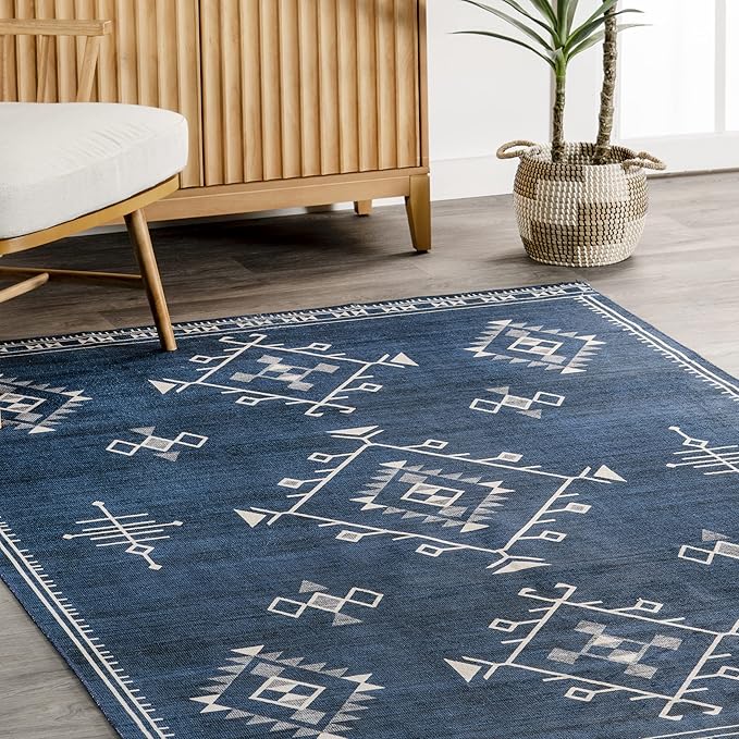 nuLOOM Evalyn Southwestern Machine Washable Ultra Thin Area Rug, 5x8, Navy - LeafyLoom