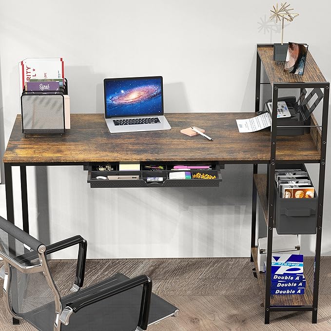 SHW 46-Inch Mission Desk with Side Shelf, 24" Deep, Rustic Brown - LeafyLoom