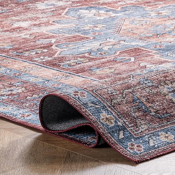 nuLOOM Zena Medallion Machine Washable Ultra Thin Area Rug, 8' Square, Rust - LeafyLoom