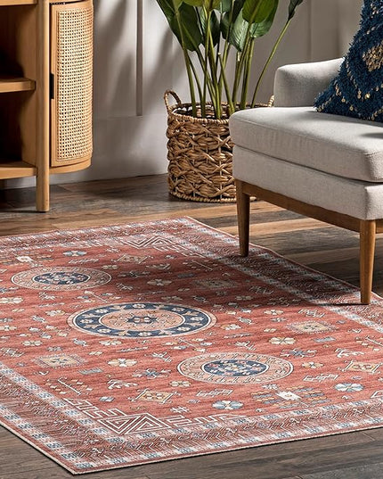 nuLOOM Tama Circle Medallion Machine Washable Ultra Thin Area Rug, 4x6, Red - LeafyLoom