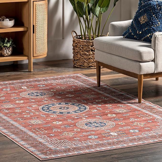 nuLOOM Tama Circle Medallion Machine Washable Ultra Thin Area Rug, 4x6, Red - LeafyLoom
