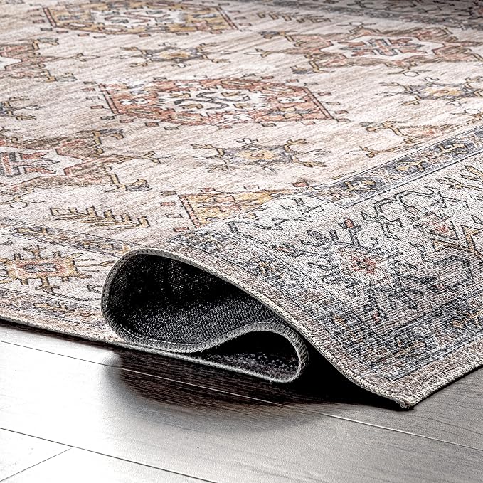 nuLOOM Finley Machine Washable Vintage Distressed Ultra Thin Area Rug, 6' x 9', Beige - LeafyLoom