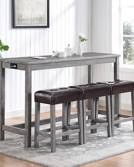 4 Piece Bar Dining Set with Power Outlet, Industrial Solid Wood Breakfast Table w/ 3 Padded Stools, Modern Dinette Furniture for Kitchen, Living Room, Apartment, Light Gray - LeafyLoom