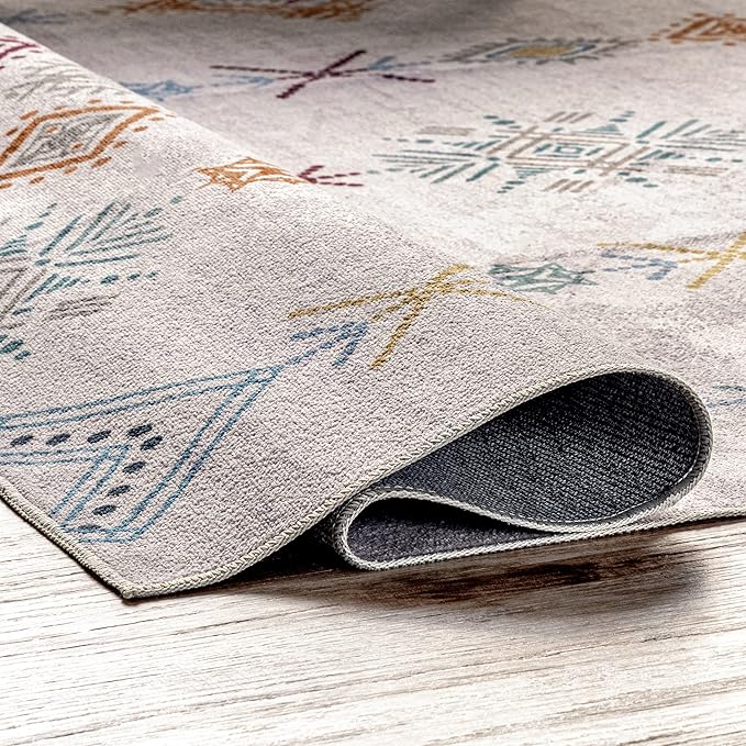 nuLOOM Kiya Machine Washable Moroccan Tribal Geometric Ultra Thin Area Rug, 6' x 9', Light Grey - LeafyLoom