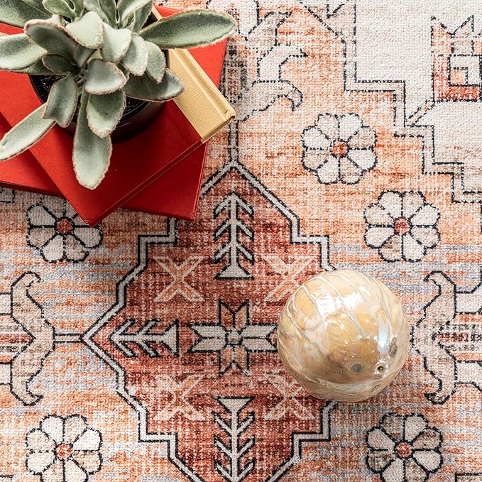nuLOOM Dania Machine Washable Medallion Ultra Thin Area Rug, 4' x 6', Rust - LeafyLoom