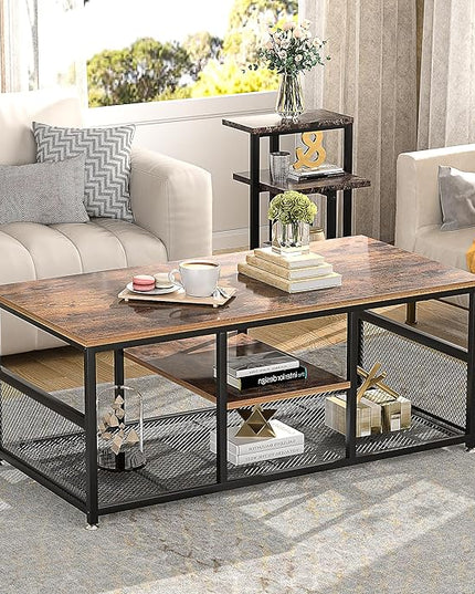 VECELO Coffee Center Table with Storage for Living Room Office Reception, Modern & Industrial Mesh Shelf, 39.4 Inch, Rustic Brown - LeafyLoom