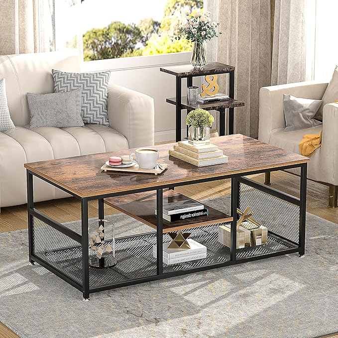 VECELO Coffee Center Table with Storage for Living Room Office Reception, Modern & Industrial Mesh Shelf, 39.4 Inch, Rustic Brown - LeafyLoom
