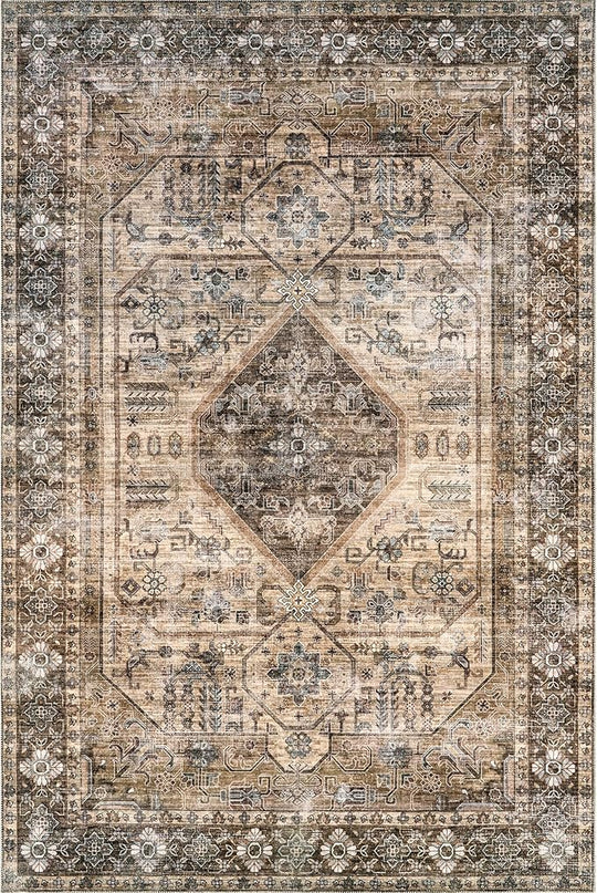 nuLOOM Devin Machine Washable Vintage Medallion Ultra Thin Area Rug, 6' x 9', Light Brown - LeafyLoom