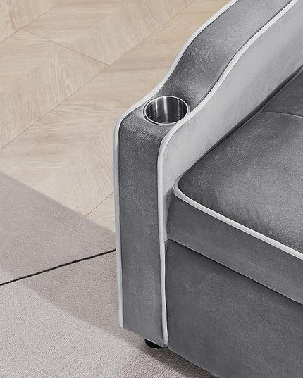 3-in-1 Velvet Upholstered Sofabed Tufted Futon Loveseat Sofa Convertible Sleeper Couch Bed with Cupholders and USB Charging Ports,Modern 2-Seaters Love Seat Daybed for Living Room, 55.2", Gray1 - LeafyLoom