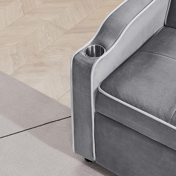 3-in-1 Velvet Upholstered Sofabed Tufted Futon Loveseat Sofa Convertible Sleeper Couch Bed with Cupholders and USB Charging Ports,Modern 2-Seaters Love Seat Daybed for Living Room, 55.2", Gray1 - LeafyLoom