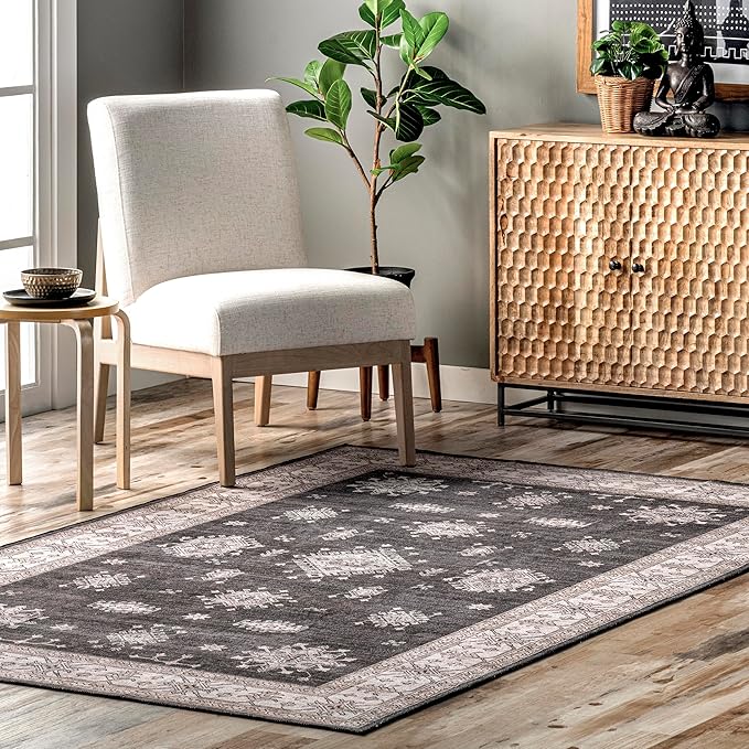 nuLOOM Mollie Machine Washable Traditional Border Ultra Thin Area Rug, 4x6, Charcoal - LeafyLoom