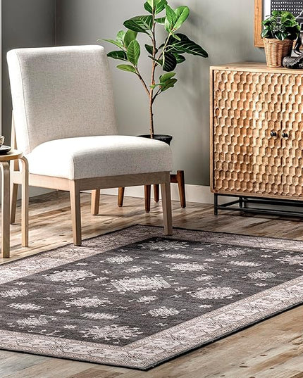 nuLOOM Mollie Machine Washable Traditional Border Ultra Thin Area Rug, 5' x 8', Charcoal - LeafyLoom