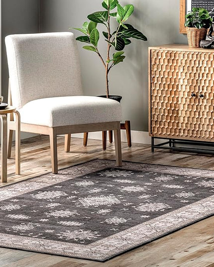 nuLOOM Mollie Machine Washable Traditional Border Ultra Thin Runner Rug, 2' 6" x 6', Charcoal - LeafyLoom