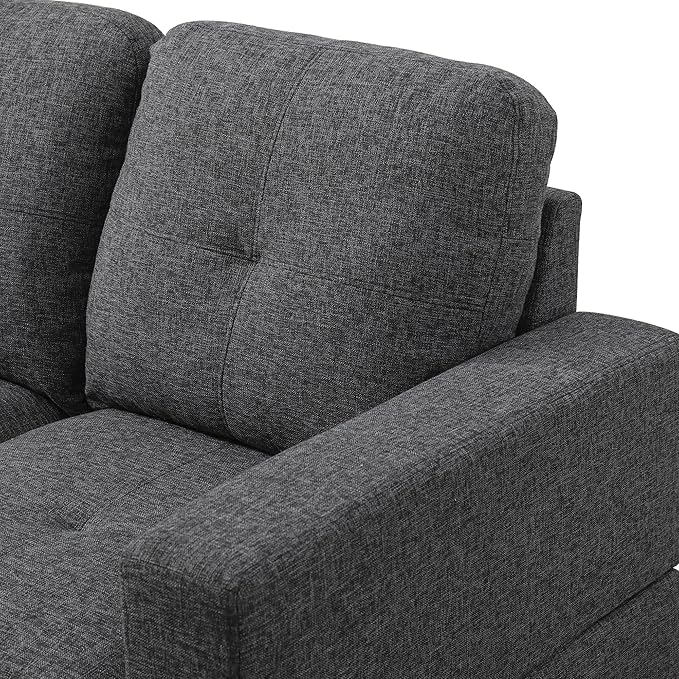 ROOMTEC Modern L Shaped Sectional Sofa Set with Storage Ottoman, Left Facing Chaise Longue, Reversible Backrest w/ 2 Cup Holders, Linen Tufted Cushions, for Living Room, Black Grey - LeafyLoom