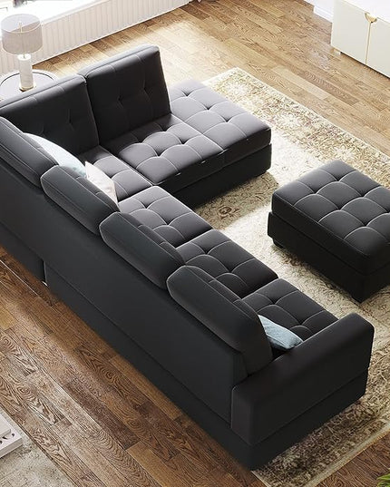 Modular Sectional Sofa for Living Room Furniture Sets, Reversible Chaise, Upholstered L-Shaped Sofa&Couch with Storage Ottoman & Cup Holders, 6 Seat Corner Couch, Black CupHolders - LeafyLoom
