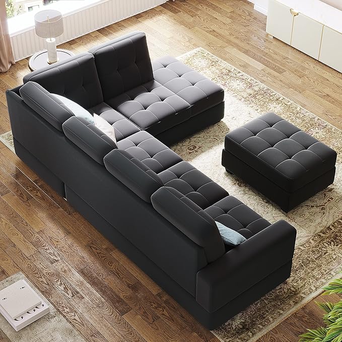 Modular Sectional Sofa for Living Room Furniture Sets, Reversible Chaise, Upholstered L-Shaped Sofa&Couch with Storage Ottoman & Cup Holders, 6 Seat Corner Couch, Black CupHolders - LeafyLoom