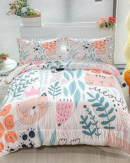 CVHOUSE Cat Bedding,Cartoon Cat Comforter King,Animals Print Comforter Set for Kids,Kawaii Quilt Set with 1 Comforter and 2 Pillow Cases - LeafyLoom