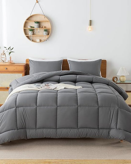 Grey Comforter Set, King Lightweight All Season Soft Down Alternative Bed Comforter, 3 Pieces Bedding Set（King Size，102"x90"） - LeafyLoom
