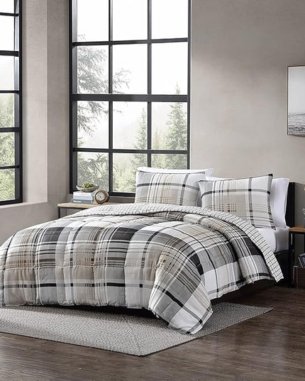 Eddie Bauer - Twin Comforter Set, Plaid Reversible Bedding, Stylish & Warm Home Decor (Normandy Grey, Twin),Grey/White/Beige - LeafyLoom