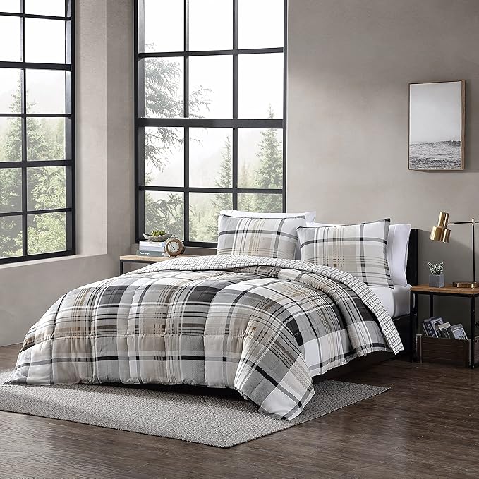 Eddie Bauer - Twin Comforter Set, Plaid Reversible Bedding, Stylish & Warm Home Decor (Normandy Grey, Twin),Grey/White/Beige - LeafyLoom