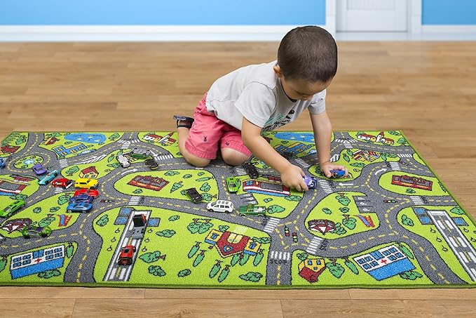 Kids Carpet City Play Mat - Play, Learn & Have Fun Safely - For Cars & Toys, 60" x 32" Large - LeafyLoom