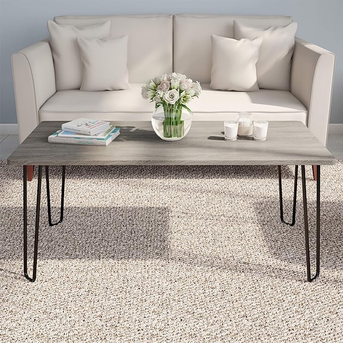LAVISH HOME Coffee Table with Hairpin Legs-Modern Industrial Style Home Decor-Woodgrain-Look and Steel Accent Living Room Furniture, 41", Gray - LeafyLoom