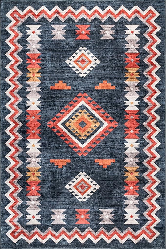 nuLOOM Jayde Machine Washable Southwestern Diamond Ultra Thin Area Rug, 5x8, Navy - LeafyLoom