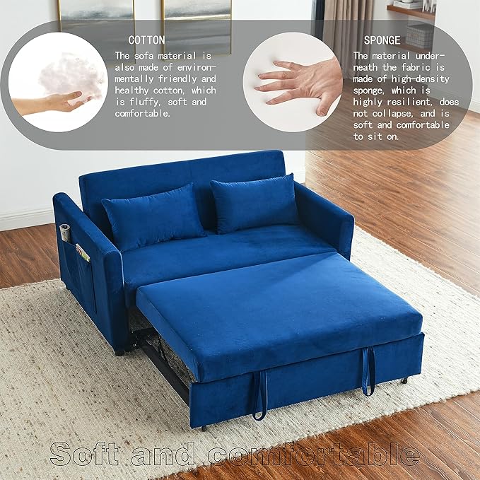 Sleeper Couch Pull-Out Sofa Bed 3-in-1 Versatile Multi-Functional Velvet, Convertible 54'' Loveseat Chaise Lounge with Adjustable Backrest Lumbar Pillows,for Living Room Side Pockets,Small Space - LeafyLoom