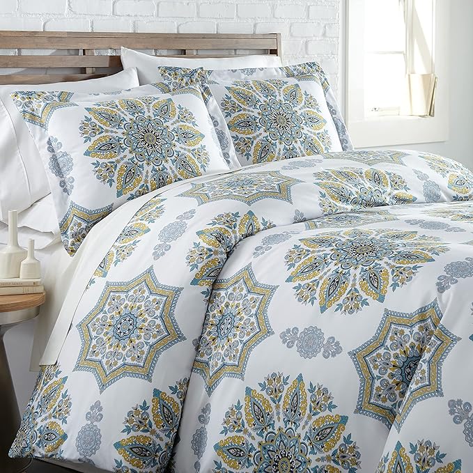 Southshore Fine Living, Inc. Oversized Full/Queen Comforter Bedding Set, Down Alternative Boho Bedspread, Paisley Floral Print Comforter, Full Size/Queen with 2 Matching Shams, Aqua on White - LeafyLoom