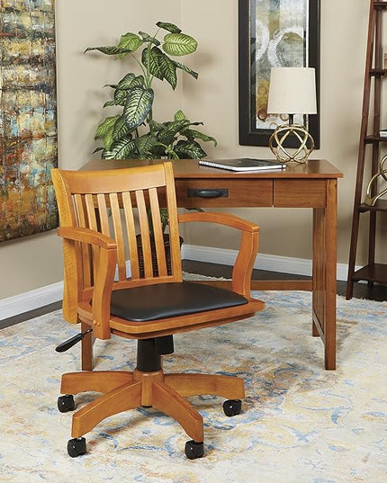 OSP Home Furnishings Deluxe Wood Banker's Desk Chair with Padded Seat, Adjustable Height and Locking Tilt, Fruitwood Finish and Black Vinyl - LeafyLoom