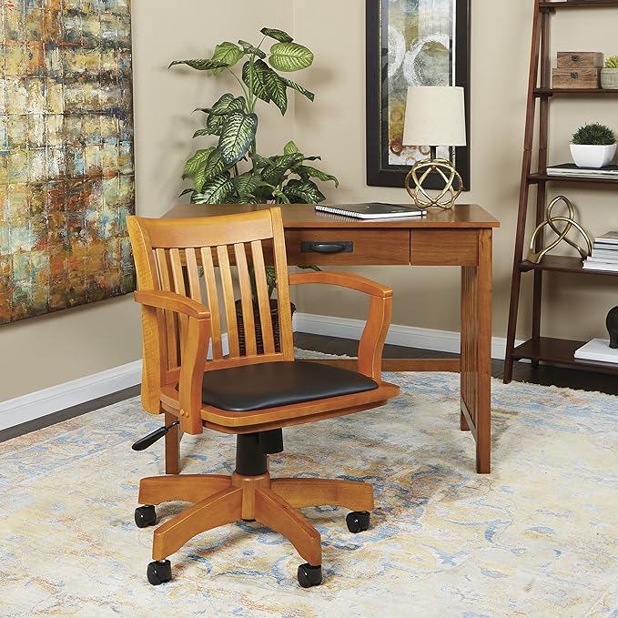 OSP Home Furnishings Deluxe Wood Banker's Desk Chair with Padded Seat, Adjustable Height and Locking Tilt, Fruitwood Finish and Black Vinyl - LeafyLoom