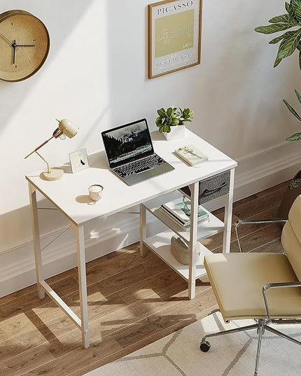 CubiCubi Computer Desk, 35 Inch Small Home Office Desk with Drawer Storage Shelves for Small Space, Writing Study Desk, White - LeafyLoom