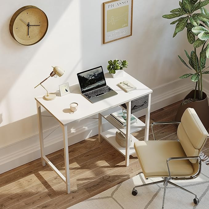 CubiCubi Computer Desk, 35 Inch Small Home Office Desk with Drawer Storage Shelves for Small Space, Writing Study Desk, White - LeafyLoom