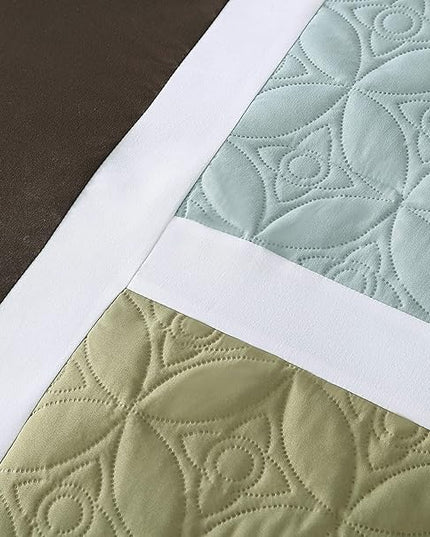 Chezmoi Collection 7-Piece Quilted Patchwork Comforter Set, Coffee Brown/Aqua Blue/Sage Green, Queen - LeafyLoom