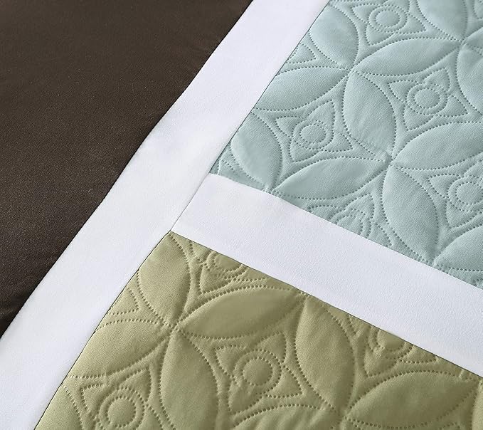 Chezmoi Collection 7-Piece Quilted Patchwork Comforter Set, Coffee Brown/Aqua Blue/Sage Green, Queen - LeafyLoom