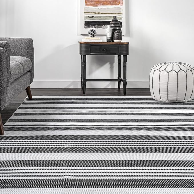 nuLOOM Lena Machine Washable Striped Ultra Thin Area Rug, 6' x 9', Grey - LeafyLoom