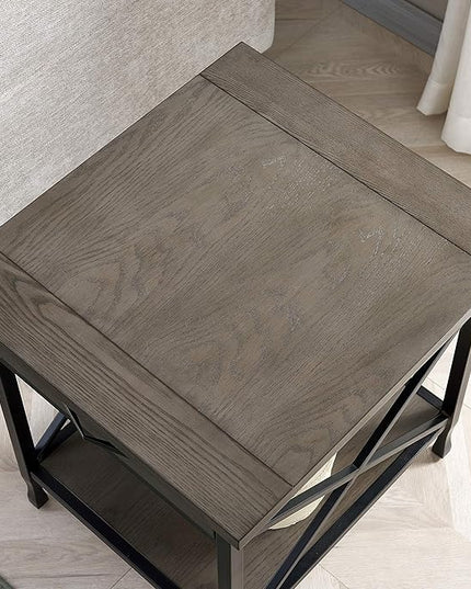 Leick Home 23007 Chisel & Forge One Drawer X Design Mixed Metal and Wood Side Table with Shelf, Smoke Gray and Matte Black, 22 in x 24 in x 24 in - LeafyLoom