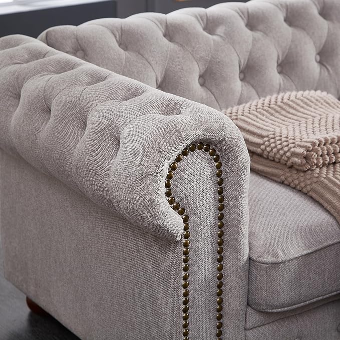 Clasic Chesterfield 3 Seaters Sofa Couch W/Luxury Roller Armrest Soild Wood Legs Linen Fabric Upholstered Button Tufted Sofa&Couch with Removable Cushions & Nailhead Decor, 88.5", Light Grey-007 - LeafyLoom