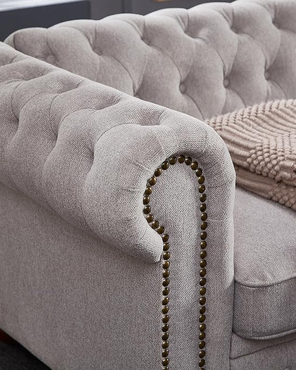 Clasic Chesterfield 3 Seaters Sofa Couch W/Luxury Roller Armrest Soild Wood Legs Linen Fabric Upholstered Button Tufted Sofa&Couch with Removable Cushions & Nailhead Decor, 88.5", Light Grey-007 - LeafyLoom