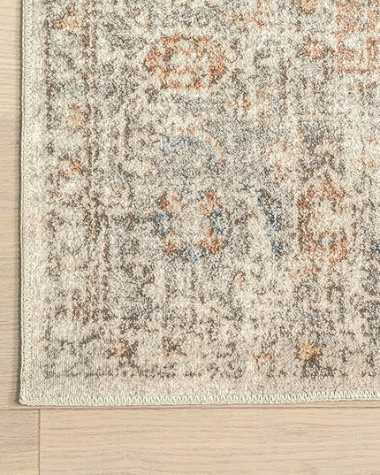 nuLOOM 4x6 Machine Washable Rain Haven Vintage Medallion Area Rug, Light Grey, Traditional Faded Design, Non-Slip Backing, Stain Resistant, For Bedroom, Dining Room, Living Room, Kitchen - LeafyLoom